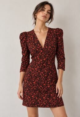 Maje Rapita Dress 36 US 4 Red Black Floral Wrap Mini Puff Sleeve Ruffle Parisian